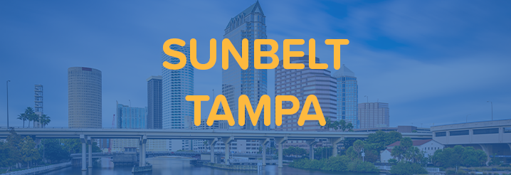 tampa cityscape in tampa, florida with a blue overlay and "sunbelt tampa" text